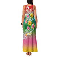 Hawaii Aloha Tropical Leaves and Flower Family Matching Tank Maxi Dress and Hawaiian Shirt with Polynesian Art Tattoo Rainbow Color - Polynesian Pride