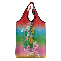 Hawaii Aloha Tropical Leaves and Flower Grocery Bag with Polynesian Art Tattoo Rainbow Color - Polynesian Pride