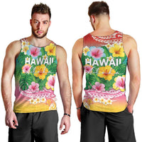 Hawaii Aloha Tropical Leaves and Flower Men Tank Top with Polynesian Art Tattoo Rainbow Color - Polynesian Pride