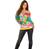 Hawaii Aloha Tropical Leaves and Flower Off Shoulder Sweater with Polynesian Art Tattoo Rainbow Color - Polynesian Pride