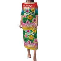 Hawaii Aloha Tropical Leaves and Flower Puletasi with Polynesian Art Tattoo Rainbow Color - Polynesian Pride