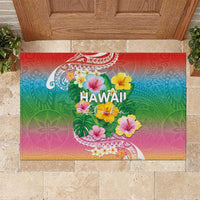 Hawaii Aloha Tropical Leaves and Flower Rubber Doormat with Polynesian Art Tattoo Rainbow Color - Polynesian Pride