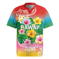 Hawaii Aloha Tropical Leaves and Flower Rugby Jersey with Polynesian Art Tattoo Rainbow Color - Polynesian Pride