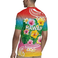 Hawaii Aloha Tropical Leaves and Flower Rugby Jersey with Polynesian Art Tattoo Rainbow Color - Polynesian Pride