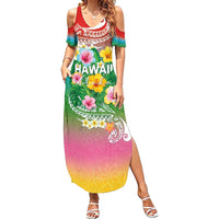 Hawaii Aloha Tropical Leaves and Flower Summer Maxi Dress with Polynesian Art Tattoo Rainbow Color - Polynesian Pride