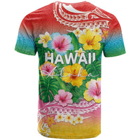 Hawaii Aloha Tropical Leaves and Flower T Shirt with Polynesian Art Tattoo Rainbow Color - Polynesian Pride