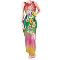 Hawaii Aloha Tropical Leaves and Flower Tank Maxi Dress with Polynesian Art Tattoo Rainbow Color - Polynesian Pride