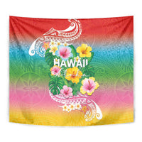 Hawaii Aloha Tropical Leaves and Flower Tapestry with Polynesian Art Tattoo Rainbow Color - Polynesian Pride