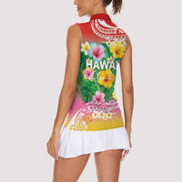 Hawaii Aloha Tropical Leaves and Flower Women Sleeveless Polo Shirt with Polynesian Art Tattoo Rainbow Color - Polynesian Pride