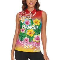 Hawaii Aloha Tropical Leaves and Flower Women Sleeveless Polo Shirt with Polynesian Art Tattoo Rainbow Color - Polynesian Pride