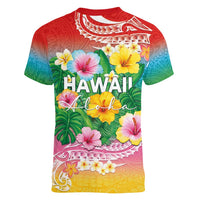 Hawaii Aloha Tropical Leaves and Flower Women V-Neck T-Shirt with Polynesian Art Tattoo Rainbow Color LT03 - Polynesian Pride