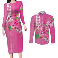 Hawaii Aloha Turtle Hibiscus and Leaves Couples Matching Long Sleeve Bodycon Dress and Long Sleeve Button Shirt with Polynesian and Kakau Tattoos Rose Color LT03 Pink - Polynesian Pride