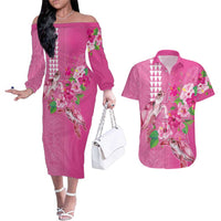 Hawaii Aloha Turtle Hibiscus and Leaves Couples Matching Off The Shoulder Long Sleeve Dress and Hawaiian Shirt with Polynesian and Kakau Tattoos Rose Color - Polynesian Pride