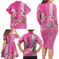 Hawaii Aloha Turtle Hibiscus and Leaves Family Matching Long Sleeve Bodycon Dress and Hawaiian Shirt with Polynesian and Kakau Tattoos Rose Color - Polynesian Pride