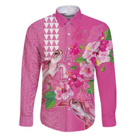 Hawaii Aloha Turtle Hibiscus and Leaves Family Matching Off Shoulder Short Dress and Hawaiian Shirt with Polynesian and Kakau Tattoos Rose Color LT03 Dad's Shirt - Long Sleeve Pink - Polynesian Pride
