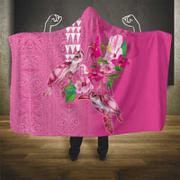 Hawaii Aloha Turtle Hibiscus and Leaves Hooded Blanket with Polynesian and Kakau Tattoos Rose Color - Polynesian Pride