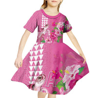 Hawaii Aloha Turtle Hibiscus and Leaves Kid Short Sleeve Dress with Polynesian and Kakau Tattoos Rose Color LT03 - Polynesian Pride
