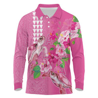 Hawaii Aloha Turtle Hibiscus and Leaves Long Sleeve Polo Shirt with Polynesian and Kakau Tattoos Rose Color LT03 Pink - Polynesian Pride