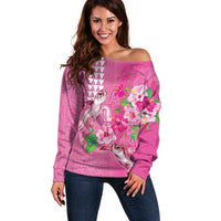 Hawaii Aloha Turtle Hibiscus and Leaves Off Shoulder Sweater with Polynesian and Kakau Tattoos Rose Color - Polynesian Pride