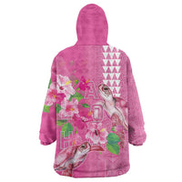 Hawaii Aloha Turtle Hibiscus and Leaves Wearable Blanket Hoodie with Polynesian and Kakau Tattoos Rose Color LT03 - Polynesian Pride