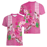 Hawaii Aloha Turtle Hibiscus and Leaves Women V-Neck T-Shirt with Polynesian and Kakau Tattoos Rose Color LT03 - Polynesian Pride