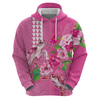 Hawaii Aloha Turtle Hibiscus and Leaves Zip Hoodie with Polynesian and Kakau Tattoos Rose Color - Polynesian Pride