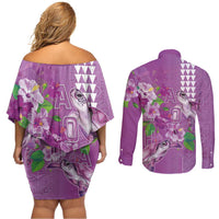 Hawaii Aloha Turtle Hibiscus and Leaves Couples Matching Off Shoulder Short Dress and Long Sleeve Button Shirt with Polynesian and Kakau Tattoos Lilac Color LT03 - Polynesian Pride