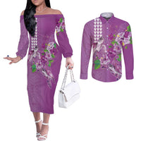 Hawaii Aloha Turtle Hibiscus and Leaves Couples Matching Off The Shoulder Long Sleeve Dress and Long Sleeve Button Shirt with Polynesian and Kakau Tattoos Lilac Color LT03 Purple - Polynesian Pride