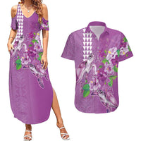Hawaii Aloha Turtle Hibiscus and Leaves Couples Matching Summer Maxi Dress and Hawaiian Shirt with Polynesian and Kakau Tattoos Lilac Color LT03 Purple - Polynesian Pride