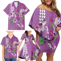 Hawaii Aloha Turtle Hibiscus and Leaves Family Matching Off Shoulder Short Dress and Hawaiian Shirt with Polynesian and Kakau Tattoos Lilac Color LT03 - Polynesian Pride