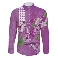 Hawaii Aloha Turtle Hibiscus and Leaves Family Matching Off Shoulder Short Dress and Hawaiian Shirt with Polynesian and Kakau Tattoos Lilac Color LT03 Dad's Shirt - Long Sleeve Purple - Polynesian Pride