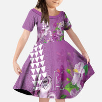 Hawaii Aloha Turtle Hibiscus and Leaves Family Matching Puletasi and Hawaiian Shirt with Polynesian and Kakau Tattoos Lilac Color LT03 Daughter's Dress Purple - Polynesian Pride