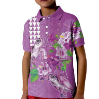 Hawaii Aloha Turtle Hibiscus and Leaves Kid Polo Shirt with Polynesian and Kakau Tattoos Lilac Color - Polynesian Pride