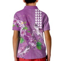 Hawaii Aloha Turtle Hibiscus and Leaves Kid Polo Shirt with Polynesian and Kakau Tattoos Lilac Color - Polynesian Pride