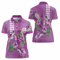 Hawaii Aloha Turtle Hibiscus and Leaves Women Polo Shirt with Polynesian and Kakau Tattoos Lilac Color LT03 - Polynesian Pride