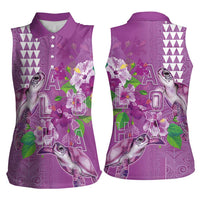 Hawaii Aloha Turtle Hibiscus and Leaves Women Sleeveless Polo Shirt with Polynesian and Kakau Tattoos Lilac Color LT03 - Polynesian Pride