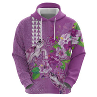 Hawaii Aloha Turtle Hibiscus and Leaves Zip Hoodie with Polynesian and Kakau Tattoos Lilac Color - Polynesian Pride