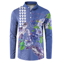 Hawaii Aloha Turtle Hibiscus and Leaves Button Sweatshirt with Polynesian and Kakau Tattoos Denim Color - Polynesian Pride