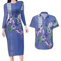 Hawaii Aloha Turtle Hibiscus and Leaves Couples Matching Long Sleeve Bodycon Dress and Hawaiian Shirt with Polynesian and Kakau Tattoos Denim Color LT03 Blue - Polynesian Pride