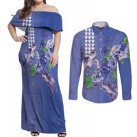 Hawaii Aloha Turtle Hibiscus and Leaves Couples Matching Off Shoulder Maxi Dress and Long Sleeve Button Shirt with Polynesian and Kakau Tattoos Denim Color LT03 Blue - Polynesian Pride
