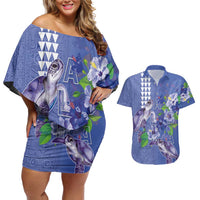 Hawaii Aloha Turtle Hibiscus and Leaves Couples Matching Off Shoulder Short Dress and Hawaiian Shirt with Polynesian and Kakau Tattoos Denim Color LT03 Blue - Polynesian Pride