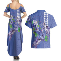 Hawaii Aloha Turtle Hibiscus and Leaves Couples Matching Summer Maxi Dress and Hawaiian Shirt with Polynesian and Kakau Tattoos Denim Color LT03 - Polynesian Pride