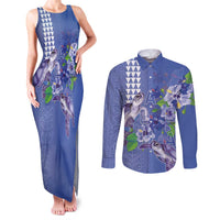 Hawaii Aloha Turtle Hibiscus and Leaves Couples Matching Tank Maxi Dress and Long Sleeve Button Shirt with Polynesian and Kakau Tattoos Denim Color LT03 Blue - Polynesian Pride