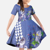 Hawaii Aloha Turtle Hibiscus and Leaves Family Matching Mermaid Dress and Hawaiian Shirt with Polynesian and Kakau Tattoos Denim Color LT03 Daughter's Dress Blue - Polynesian Pride
