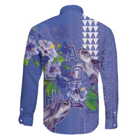 Hawaii Aloha Turtle Hibiscus and Leaves Family Matching Off The Shoulder Long Sleeve Dress and Hawaiian Shirt with Polynesian and Kakau Tattoos Denim Color LT03 - Polynesian Pride
