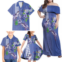Hawaii Aloha Turtle Hibiscus and Leaves Family Matching Off Shoulder Maxi Dress and Hawaiian Shirt with Polynesian and Kakau Tattoos Denim Color LT03 - Polynesian Pride
