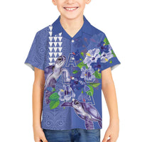 Hawaii Aloha Turtle Hibiscus and Leaves Family Matching Off Shoulder Maxi Dress and Hawaiian Shirt with Polynesian and Kakau Tattoos Denim Color LT03 Son's Shirt Blue - Polynesian Pride