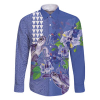 Hawaii Aloha Turtle Hibiscus and Leaves Family Matching Off Shoulder Short Dress and Hawaiian Shirt with Polynesian and Kakau Tattoos Denim Color LT03 Dad's Shirt - Long Sleeve Blue - Polynesian Pride