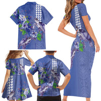 Hawaii Aloha Turtle Hibiscus and Leaves Family Matching Short Sleeve Bodycon Dress and Hawaiian Shirt with Polynesian and Kakau Tattoos Denim Color LT03 - Polynesian Pride