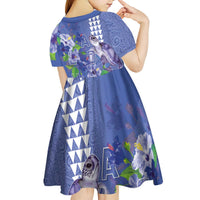 Hawaii Aloha Turtle Hibiscus and Leaves Kid Short Sleeve Dress with Polynesian and Kakau Tattoos Denim Color LT03 - Polynesian Pride